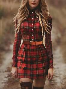 Nuevo vestido corto casual 202X Primavera estilo Occidental | Estampado a cuadros retro, manga larga, holgado - Rojo - Ver 1