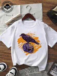 Women's Summer Short Sleeve T-Shirt Black Gothic Crow Standing On Skull Graphic Print Loose Fit Casual Tee Tops Vintage Streetwear Crew Neck Soft Comfy Daily Wear Fashion 2026  Plus Size Friendly For Weekend Outfits - 白色 - 查看 6