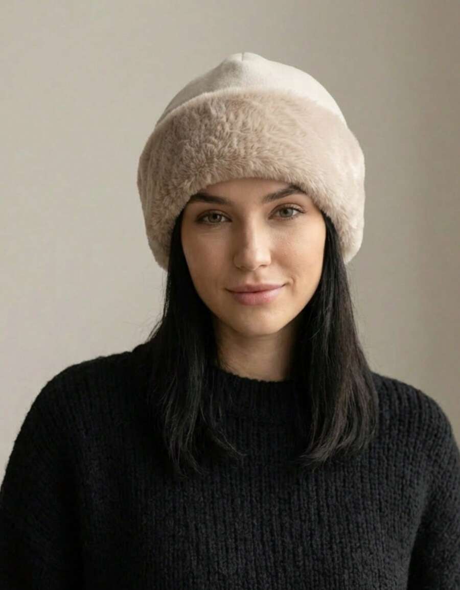 Lilas Inova Women's Winter Plush Beanie, Soft Style, Limited Edition, Casual, Fluffy Polyester Faux Fur, Contrast Beanie, Nightwear, Holiday, Home, Daily, Autumn/Winter - 米色 - 查看 1