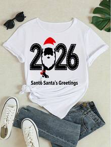 Camiseta feminina de Natal de manga curta 2026 com estampa gráfica do Papai Noel, gola redonda, modelo casual para festas de fim de ano e uso urbano. - Branco - Ver 4