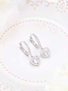 925纯银耳环，时尚耳环，精致耳环，立方氧化锆耳环，心形吊坠耳环，低过敏性耳环，圈形耳环，适合日常佩戴，生日礼物 - 銀色 - 查看 3