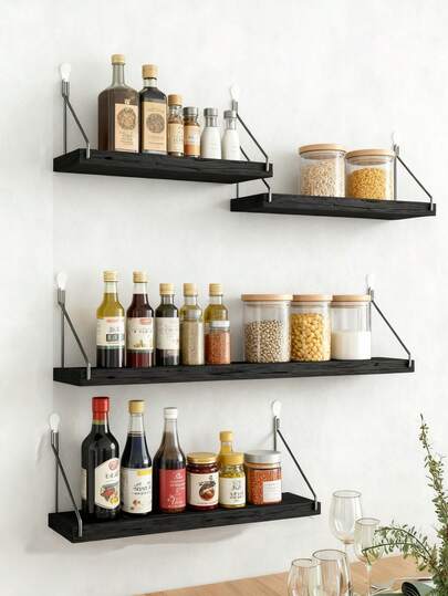 1pc Large Capacity Ironwork & Wood Wall Mounted Rack, Industrial Style Solid Black Tiered Design, Can Store Cups, Seasonings, Suitable For Kitchen, Bar, Home Gathering