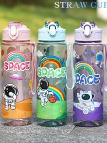 1个750毫升/26盎司可爱卡通宇航员主题塑料吸管水瓶，带提手，防漏瓶口，便携耐用，倒置防溢，适合跑步、骑行、旅行、节日和生日礼物