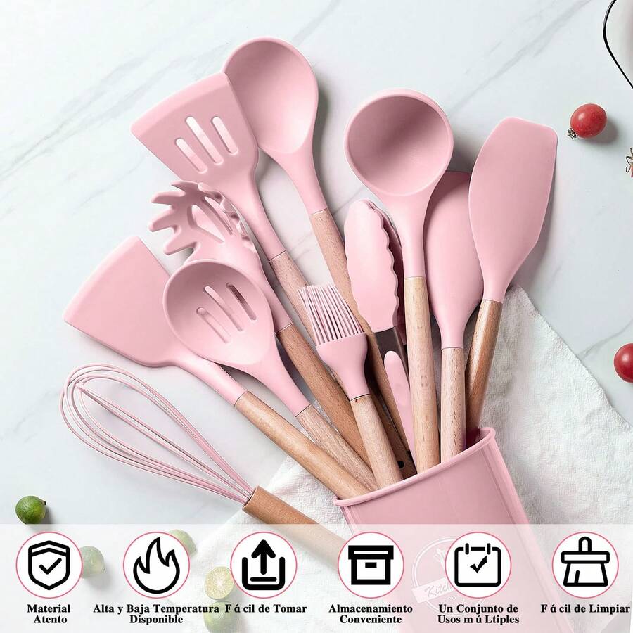 Juego de 34 utensilios de cocina de silicona resistentes al calor con mangos ergonómicos de madera, fáciles de limpiar y antiadherentes.