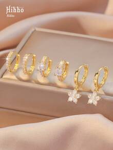 Hihho 3對/套方晶鋯石裝飾耳環 - 金黃色 - 查看 8