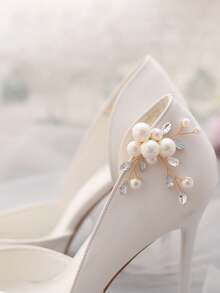 1件手工编织高跟鞋装饰，珍珠水钻合金叶子新娘婚礼鞋夹 HX08 - 金色 - 查看 8