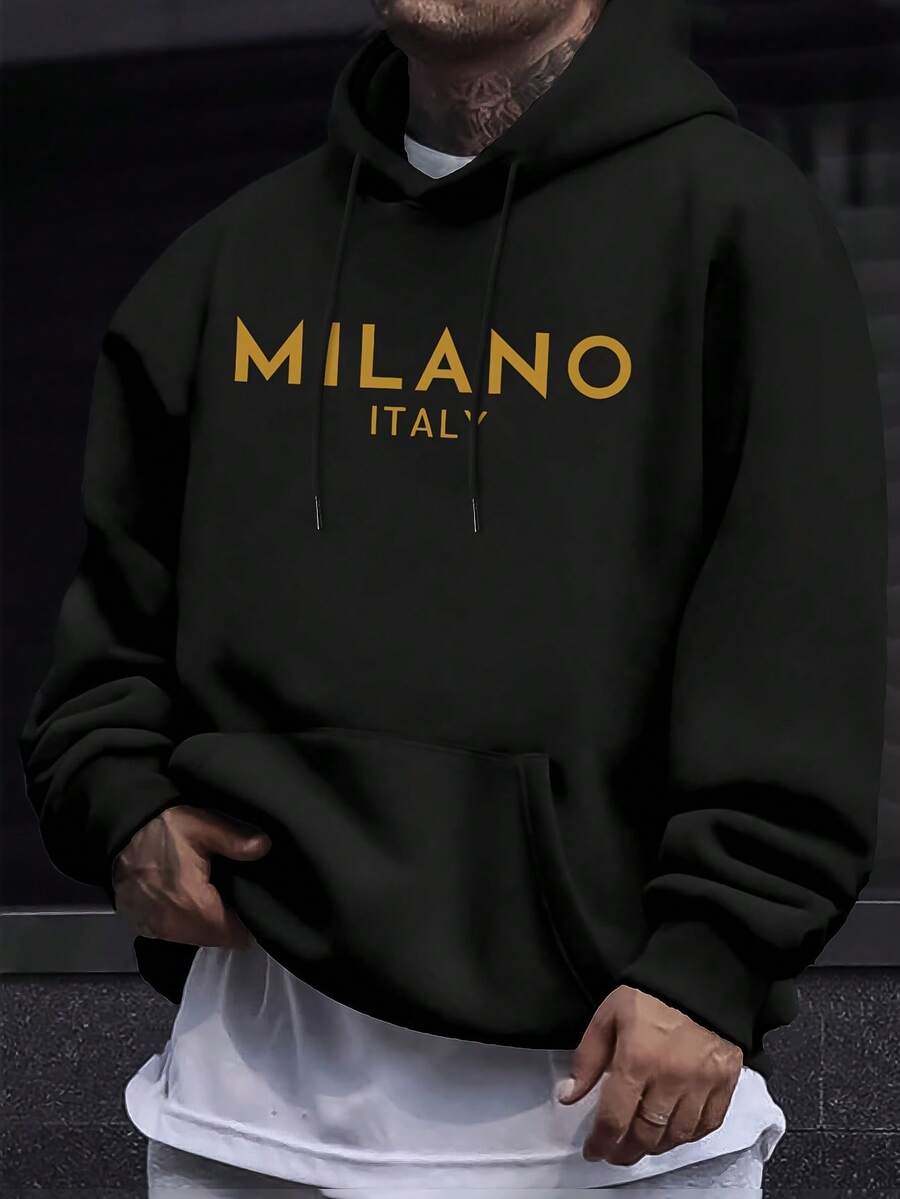 Two-Tone "Milano Italy" Minimalist Graphic Hoodies (Black & Light Gray), Sleek Typography Print For Casual European Travel-Themed Daily Outings & Urban Fashion Hangouts - màu đen - Xem 1