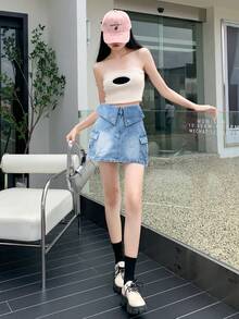 女士夏季休闲束口腰带工装口袋牛仔迷你裙 - 淺色水洗藍 - 查看 8