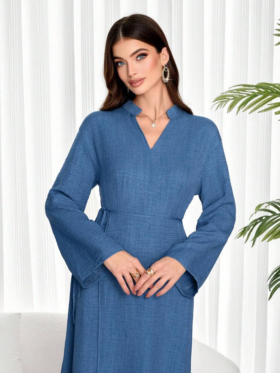 Vestido largo de mujer para primavera y verano con escote en V entallado en azul, de manga larga. Vestido largo casual de tejido texturizado con cintura anudada, adecuado para la oficina, vacaciones, festivales, citas y uso diario. - Agua verde azul - Ver 1