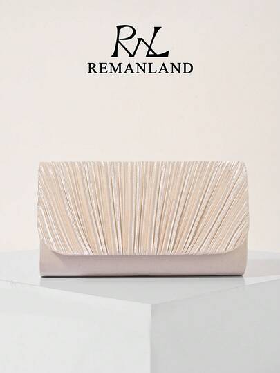 REMANLAND 这款柔和闪亮的杏色手拿包，饰有扇形褶皱纹理，是一款奢华的晚宴配饰，优雅的扇形图案和低调的光泽饰面，完美适用于婚礼、正式晚宴和派对，提升精致优雅的气质，是馈赠女性的最佳礼物。
