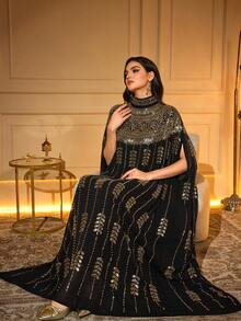 Elegant Long Abaya With Gold Beaded & Embroidered Details, Batwing Sleeves, Stand Collar, Black Woven Fabric, Non-Stretch - Black - View 6