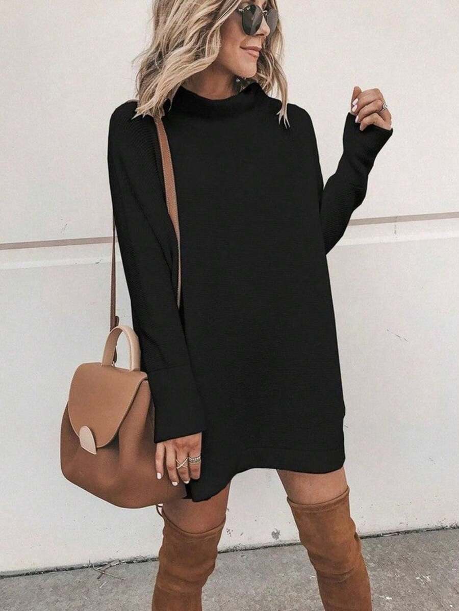 Casual Long Sleeve Knit Mini Sweater Dress For Women – Black Turtleneck Tunic Style - Black - View 1