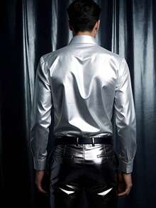 Men's Outdoor Fashion Silver Long Sleeve Shirt, Spring New Arrival Bar Nightclub Casual Collared Shirt Top - Silver - View 5