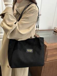 时尚条纹手提包 - 女士大容量单肩包 - 拉链托特包，日常使用 - 简约链条单肩托特包，适合青少年女孩、大学生、职场新人及白领，完美适用于办公室、工作、商务、通勤等场合，是女士最佳工作包之选。 - 黑色 - 查看 9