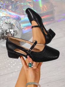 百搭厚底凉鞋，复古编织镂空绑带方头玛丽珍鞋，时尚办公服饰 - 黑色 - 查看 5