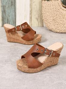 Women's Fashionable Versatile Buckle Design Thick Bottom Wedge Sandals For Daily Wear - Brown - View 7