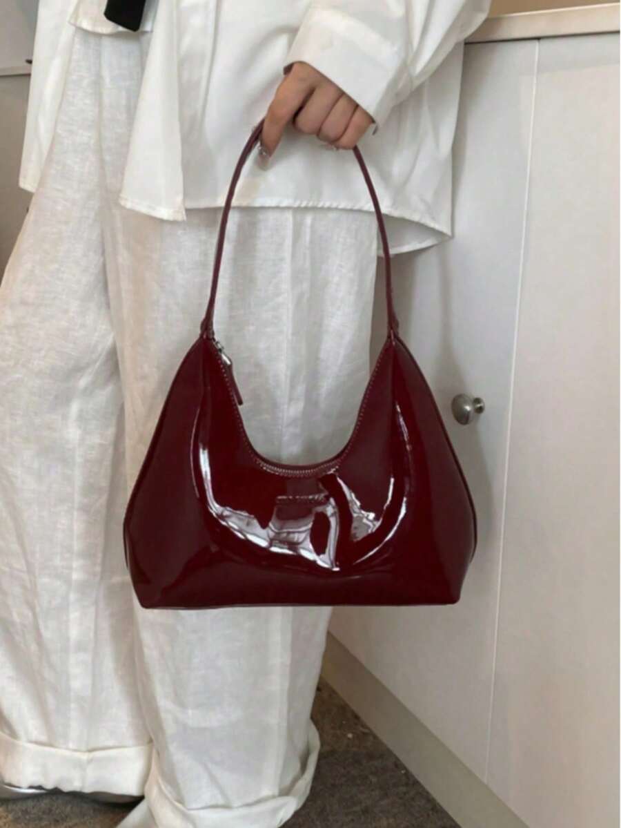 Korean Style Niche Red Lacquer Leather Crescent Shoulder Bag, Ladies Handbag, Stylish Underarm Bag, Good Quality - Màu Đỏ Sâu - Xem 1