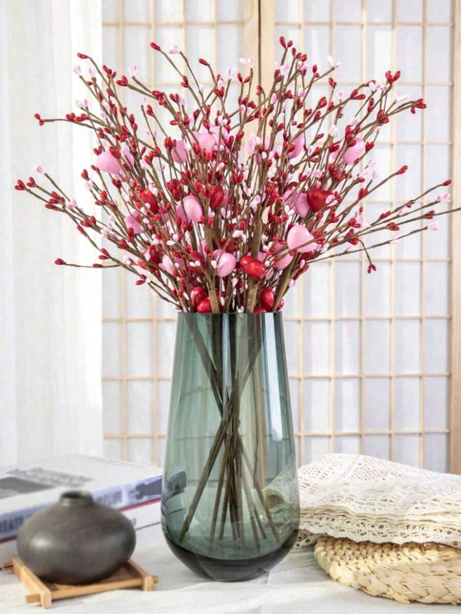 3 Pieces Valentine's Day Romantic Foam Heart Berry Arrangement, Handmade Artificial Heart-Shaped Berry Branches, Red And Pink Heart-Shaped Berry Stems, Light Red Heart-Shaped Pink Wrapping Paper - Multicolor - View 1