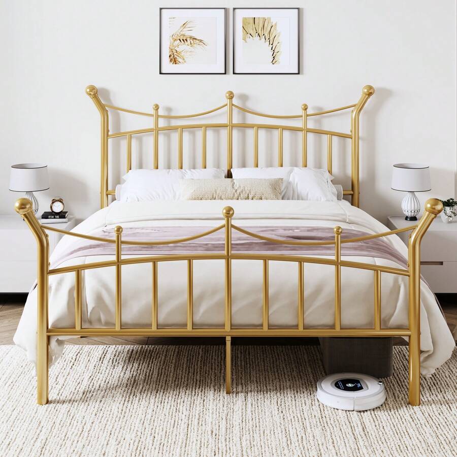 Allewie 14 Inches Twin/Full/Queen/King Size Metal Platform Bed Frame With Elegant Crown Headboard & Footboard, Sturdy Mattress Foundation With Under-Bed Storage, Easy Assembly, No Box Spring Needed, Gold - 金色 - 查看 1