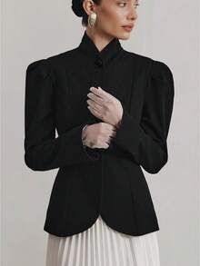 Autumn And Winter Temperament Elegant Daily Commute Bubble Sleeves High-End Jacket Women's French Elegant Retro Stand-Up Collar Black Small Suit - 黑色 - 查看 3