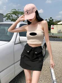 女士夏季休闲束口腰带工装口袋牛仔迷你裙 - 黑色 - 查看 8