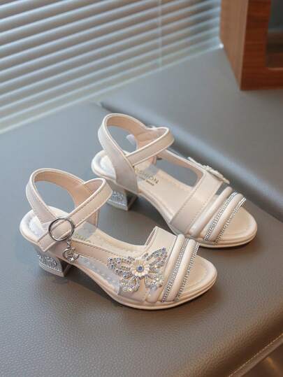 1 Pair Fashion Summer New Girls' Rhinestone Butterfly Princess High Heel Sandals, Suitable For 3-15 Years Old Girls To Wear Casually, To Parties, On Vacation, And To Formal Events