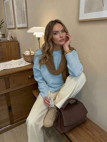 LUBI Solid Color Minimalist Dropped Shoulder Long Sleeve Crew Neck Slightly Loose Soft Knit Fabric Pale Yellow & Pink Pullover Sweater, Relaxed Lazy Girl Vibe, Suitable For Spring/Autumn Casual, Commute, Afternoon Tea, Valentine's Day Outfit