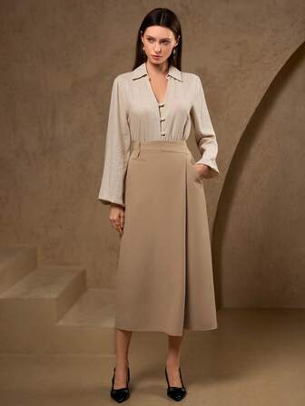 Elegant Beige High Waist A Line Midi Skirt For Spring Formal Office Outfits