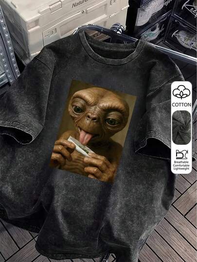 大码女款外星人爱心印花T恤 | 时尚T恤，女款，日常穿着，节日礼物，完美呈现，卡通印花，中等弹力面料，圆领，常规袖，春夏秋季，水洗街头风正版授权