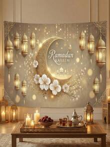 1 件开斋节背景布，金色新月和花卉图案，150*100 厘米涤纶材质，开斋节派对用品，斋月装饰，伊斯兰斋月派对装饰，开斋节装饰，斋月家居装饰，开斋节礼物 - 彩色 - 查看 2