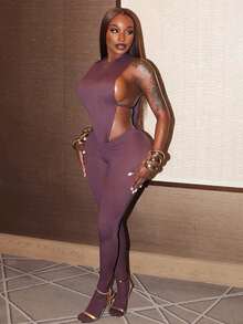 Street Fashion Vacation Party Casual Women's Clothing Solid Color Sexy Hollow Waist Slim High Waist Tight Backless Jumpsuit - 紫色 - 查看 1