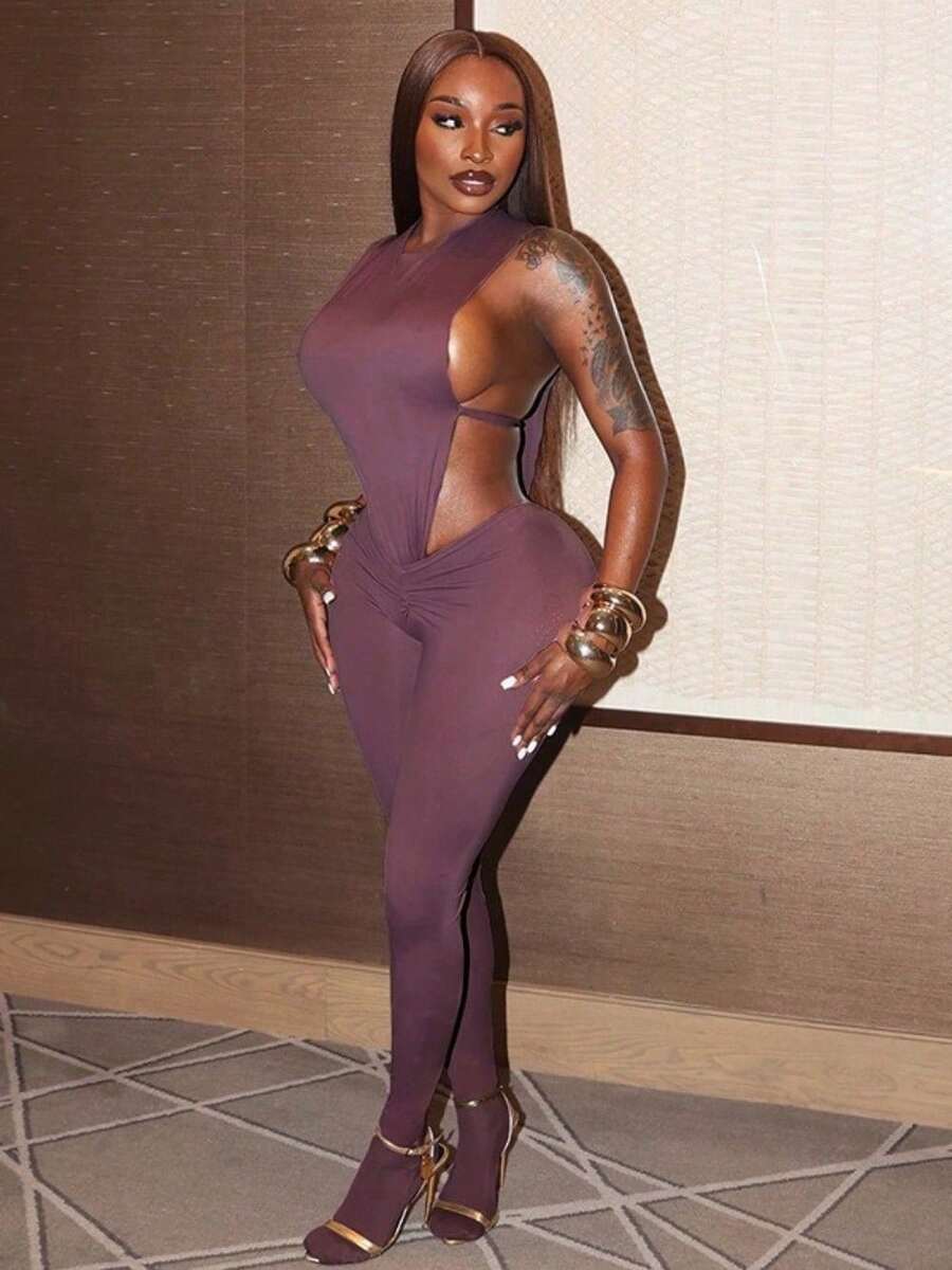 Street Fashion Vacation Party Casual Women's Clothing Solid Color Sexy Hollow Waist Slim High Waist Tight Backless Jumpsuit - 紫色 - 查看 1