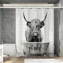 Funny & Cute Highland Cow Pattern Shower Curtain, Creative & Personalized Bathroom Curtain, Waterproof & Mildew-Proof Thick Polyester Material, Wet & Dry Separation Bathroom Divider Curtain, Viral Shower Curtain - Gray - View 5
