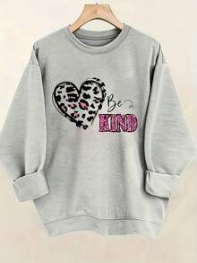 Women's Leopard Print Heart 'Be Kind' Hoodie - Soft Cozy Round Neck Pullover Sweatshirt With Positive Message, Casual All-Season Blouse For Casual Attire & Kindness Outfits - 淺灰色 - 查看 1