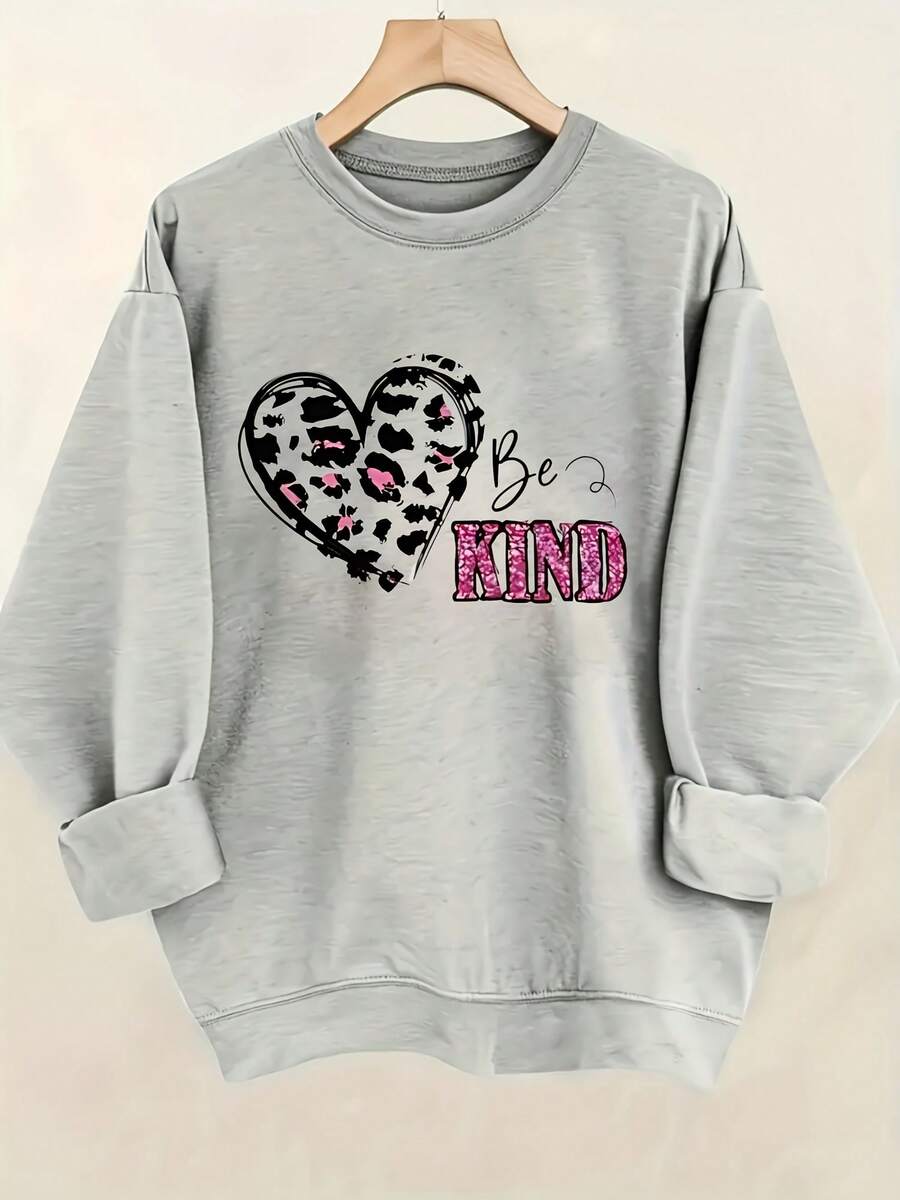 Women's Leopard Print Heart 'Be Kind' Hoodie - Soft Cozy Round Neck Pullover Sweatshirt With Positive Message, Casual All-Season Blouse For Casual Attire & Kindness Outfits - 淺灰色 - 查看 1