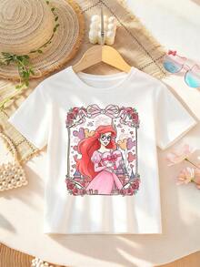 Disney Apparel, Featuring A Disney Princess Ariel Valentine's Day-Themed Design On This Girls' T-Shirt. This Soft, Breathable Short-Sleeve Crew Neck Tee Is Perfect For Spring And Summer Wear, Ideal For Everyday Outfits, Vacation Leisure, Outdoor Adventures, School Life, And Shopping Trips. It Also Makes An Excellent Gift For Boys And Girls Alike. Every Child Deserves One. - 白色 - 查看 4