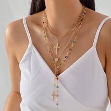 Vintage Colorful Rhinestone Multi-Layer Necklace Cross Pendant Zinc Alloy Gold Plated Stacked Wear Collarbone Chain - Vàng - Xem 4