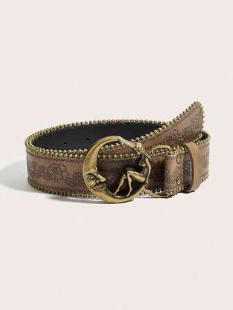 1pc Bohemian Vintage Moon Bronze Metal Brown Patterned PU Cowgirl Belt For Women, Suitable For Daily Wear, Fashion Style, Outdoor Activities, Gatherings, Parties, Christmas, Valentine's Day, Back To School, Halloween, Music Festivals, Autumn/Winter Accessories, All Season Outfits, Women, Mothers, Commuting, Vacation, Graduation Gift, Birthday