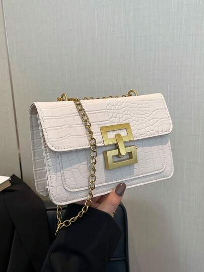 1pc Women's New Fashion Vintage One Shoulder Bag, Metal Chain Lightweight Crossbody Bag, PU Material, Casual Flap Square Bag, Crocodile Skin Bag, Girl Shopping Bag, Suitable For Women's Daily Commute, Compact And Portable