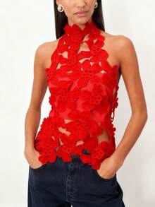 Womens Floral Lace Halter Top Sleeveless Sheer Blouse Summer Beach Wear - Đỏ - Xem 4