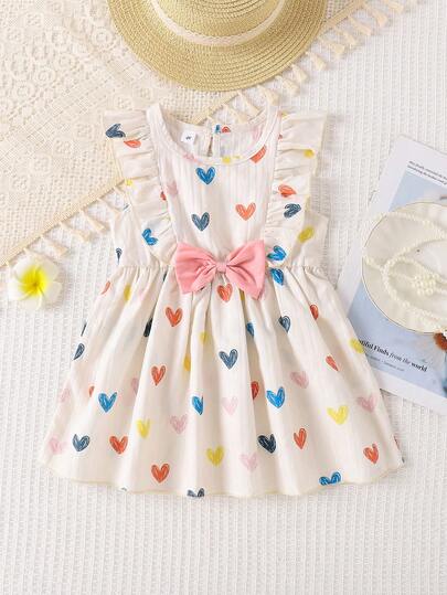 女童休闲甜美可爱爱心印花蝴蝶结装饰圆领荷叶边下摆无袖连衣裙，夏季