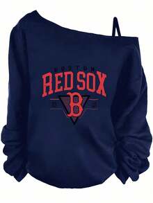 Casual Outfits For Women, Boston Red Sox Logo, Off The Shoulder Long Sleeve Sweatshirt, Sporty Style For Summer, Concert And Everyday Wear-Vacation Outfits Women, Beachwear, Resort Wear, Summer Tops - 藏蓝色 - 查看 7