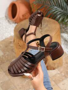 Giày sandal đế dày hở mũi thời trang nữ, giày dệt mùa xuân/hè mới, sandal đế cao phù hợp mọi mùa, giày La Mã hở gót kiểu dáng thường ngày, sandal đế dày quai ngang mắt cá chân mũi tròn đa năng, sandal hở mũi màu nâu thoáng khí thoải mái, thích hợp cho kỳ nghỉ ngoài trời. - màu nâu - Xem 1