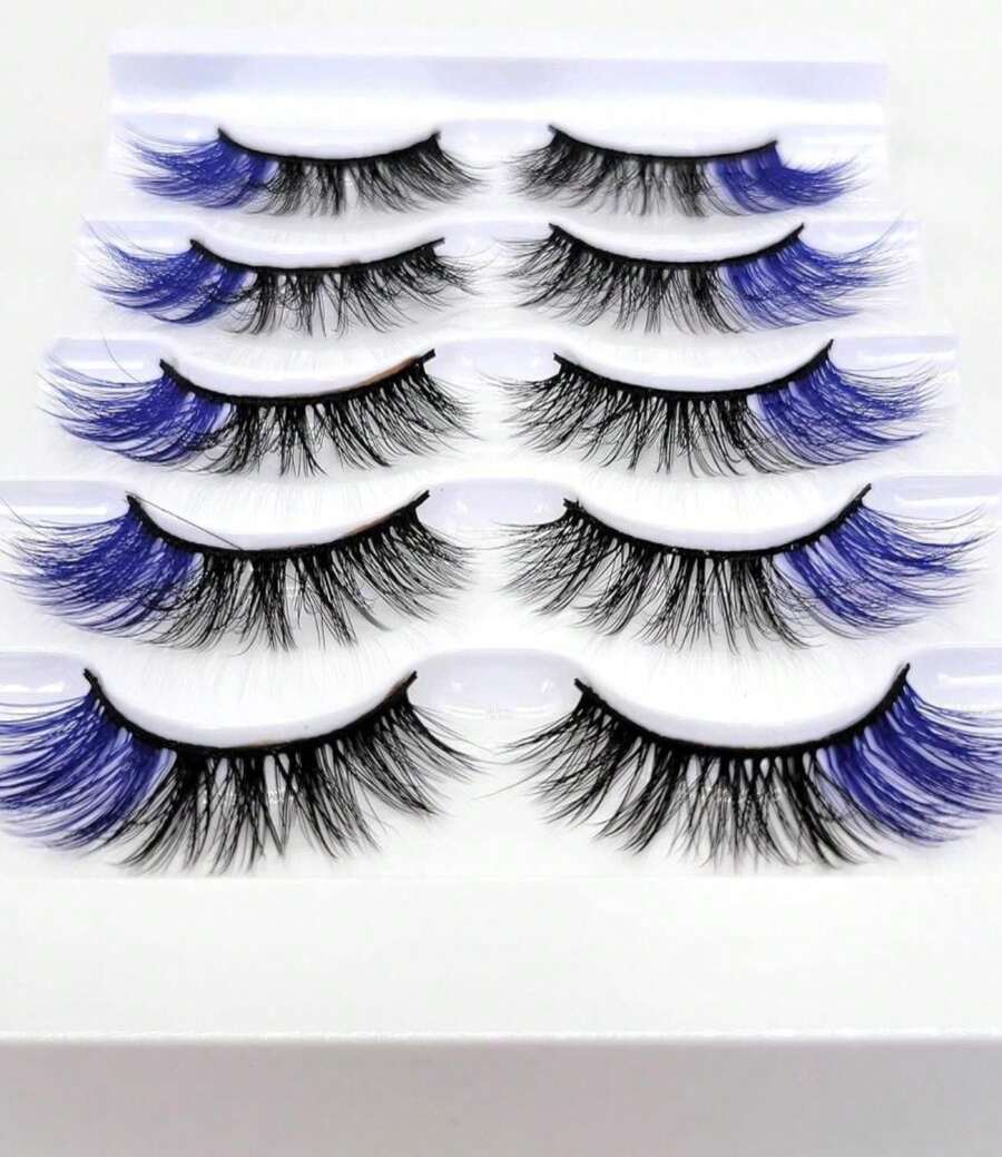 MISSLADY 16mm 5 Pairs Pack 3D Faux Mink Eyelashes With Blue Ends Colored Lashes (FM-204, 8-16mm, Black With Blue Ends, 5 Pairs) - ColorD - 查看 1