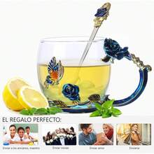 Juego de Taza de té y Taza de Café de Vidrio con Cuchara - Hermosa Flor Mariposa Rosa Taza, Regalo perfecto (Azul Corta) - Crisantemo Alta - Ver 7