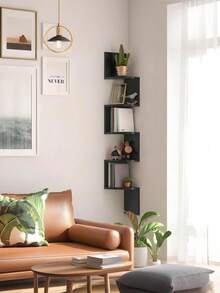 1pc 5-Tier Corner Floating Shelf, Wall-Mounted Black Plastic Storage Rack, Drill-Free Triangular Design, Multifunctional Wooden Display Shelf For Living Room, Bedroom, And Bathroom - An Ideal Choice For Home Office And Decoration, Practical Shelving, Utility Racks - Black - View 5