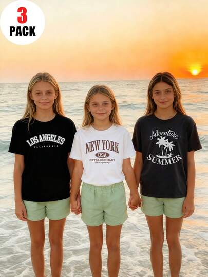 3 件/套青少年女孩休闲印花圆领短袖 T 恤，酷炫风景画设计夏季学生 - 时尚 T 恤为每个孩子带来欢乐和幸福！