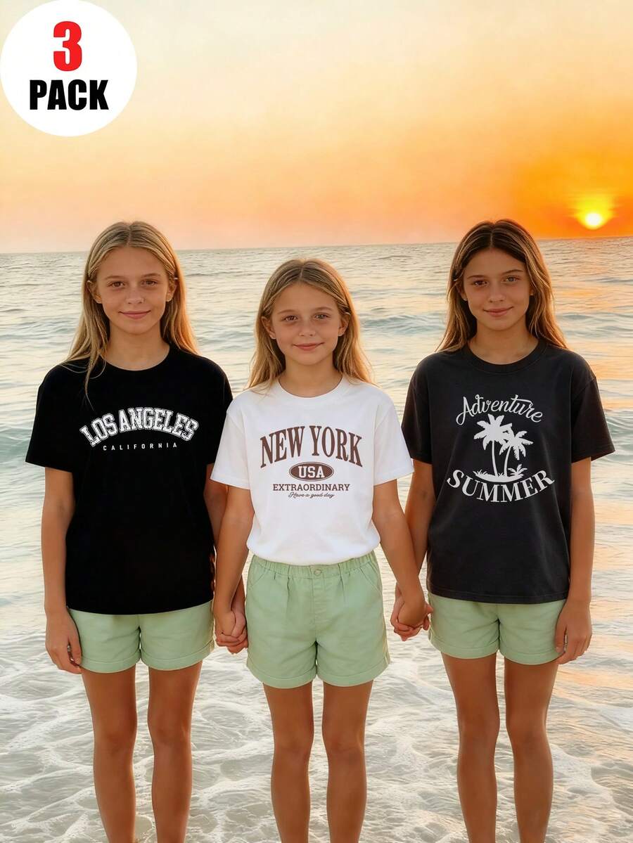 3 件/套青少年女孩休闲印花圆领短袖 T 恤，酷炫风景画设计夏季学生 - 时尚 T 恤为每个孩子带来欢乐和幸福！