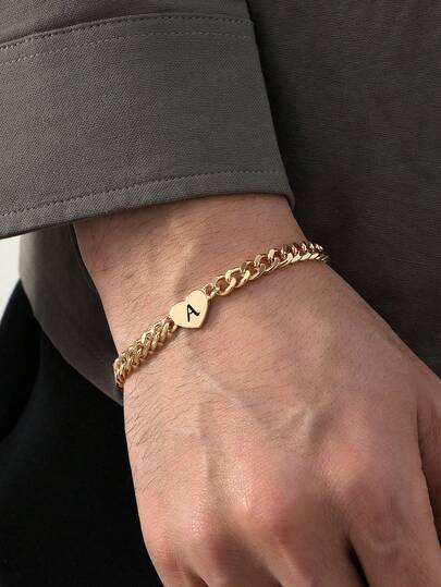 1 pieza Brazalete minimalista de moda con corazón de metal y letra grabada para hombres