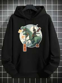Felpa con cappuccio grafica Samurai Dinosaur Rider, 100% cotone, vestibilità ampia, vestibilità comoda, street hip-hop, stampa grafica unica - nero - Visualizzare 2